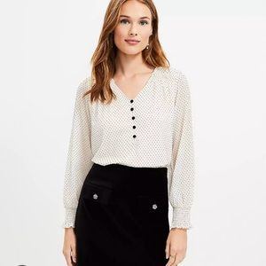 Loft Velvet Dot Smocked Ruffle V Neck Blouse